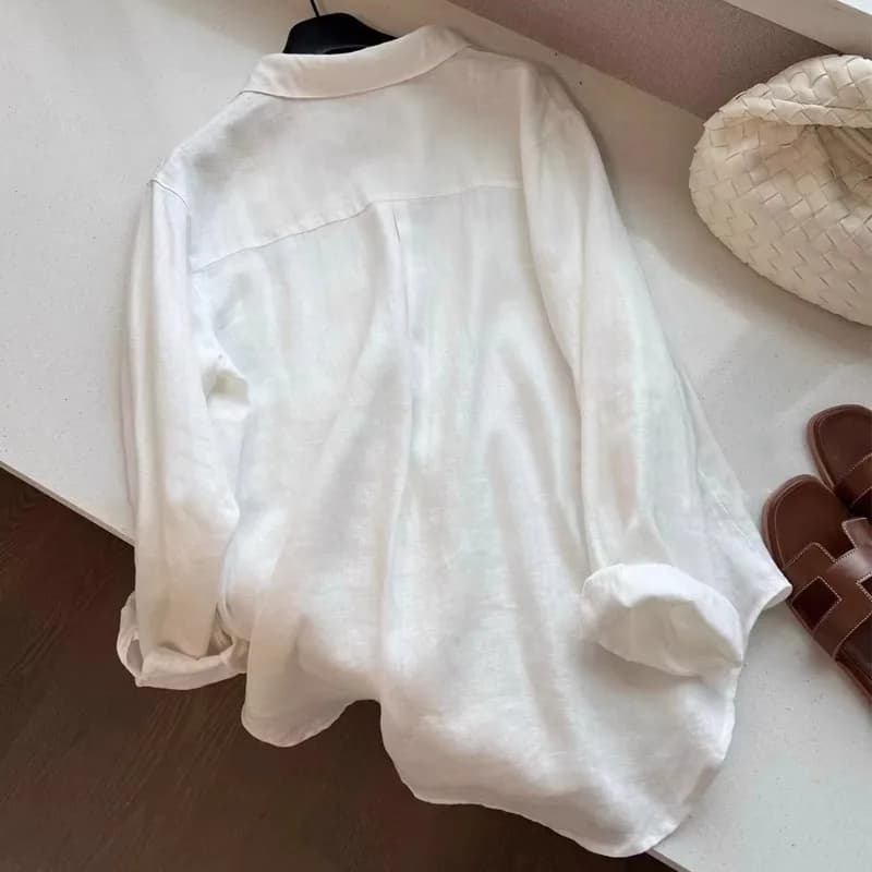 Camicia estiva ultra-trasparente bianca a maniche lunghe, sottile e ampia, nuova moda casual, top protettivo solare da donna, taglie forti, in misto cotone e lino