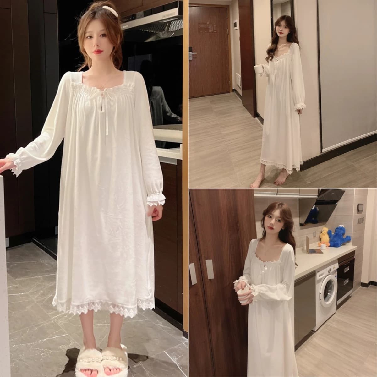 Long Sleeve Princess Style Nightdress Women's Pajamas Lace Palace Korean Version Loose Plus Size 2024 New Homewear Birthday Gift