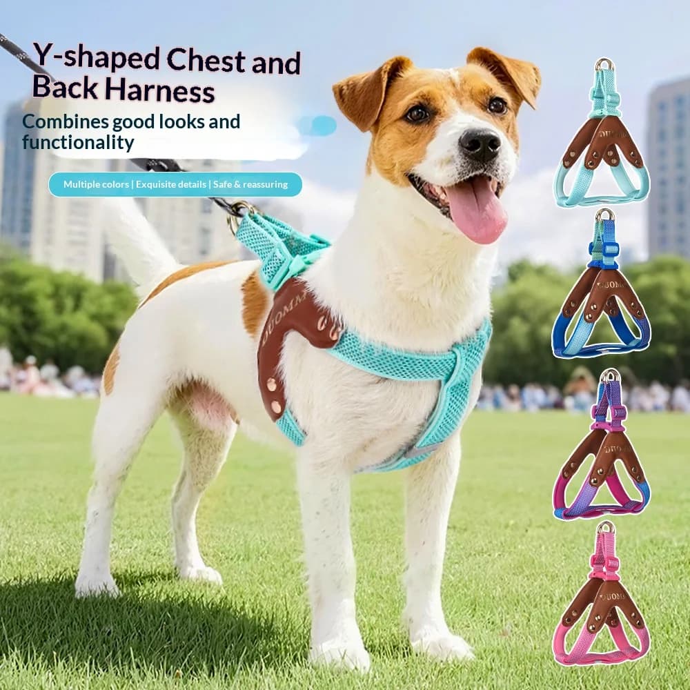 Vintage Leather Dog Harness with Reflective Strips - Breathable Y-Shape No-Pull Safety Vest for Small Medium Dogs