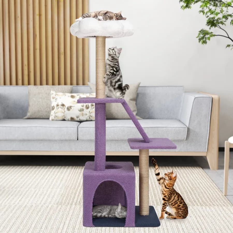 48" Flower Cat Tree Tower Cat Climbing Tower with Detachable Perch Condo Sisal Scratching Posts Purple White