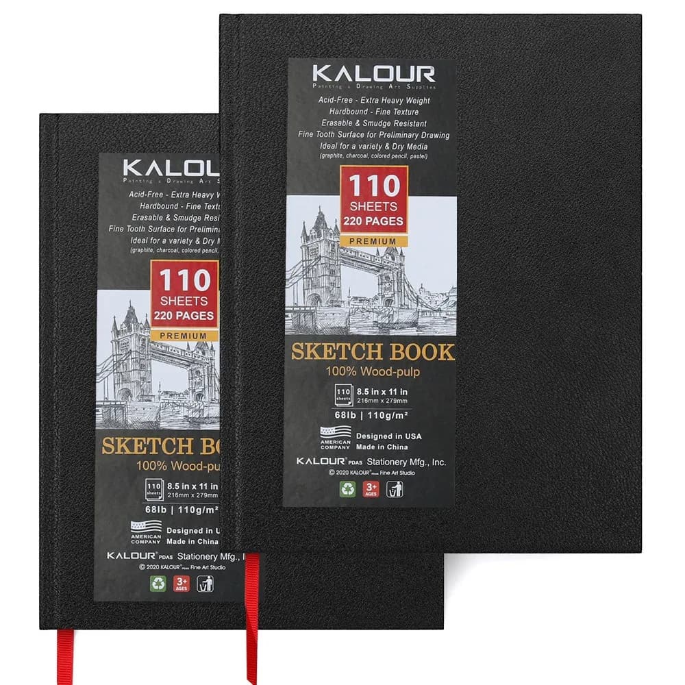 KALOUR Sketchbook 1pcs 8.5x11 inch Sketch Pads for Dry Media, 110 Sheets Black Hardcover Drawing Books Versatility Art Supplies