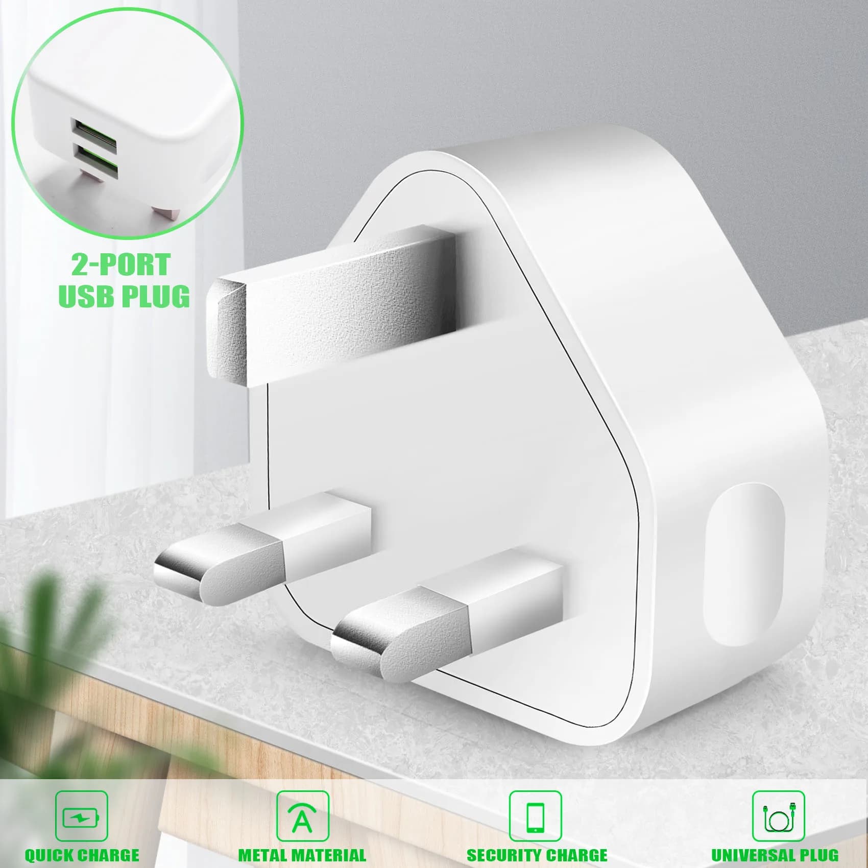 ABAN Universal Usb Uk Plug 3 Pin Wall Charger Adapter With Usb Ports Travel Charger Charging For Phone (2 Port)
