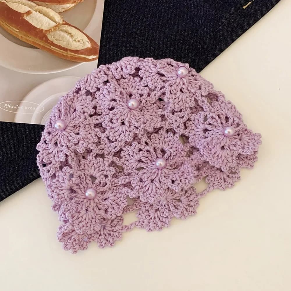 Cute Elegant Hollowed Out Knitted Hat Pearl Thin Crochet Sequined Hat Flower Solid Color Bohemian Style Beanies Pullover Hat