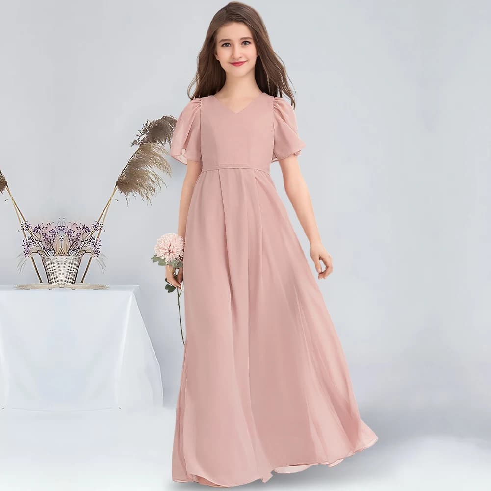 A-line V-Neck Floor-Length Chiffon Junior Bridesmaid Dress Chic Dusty Rose Flower Girl Dress for Wedding Party Dresses For Teens