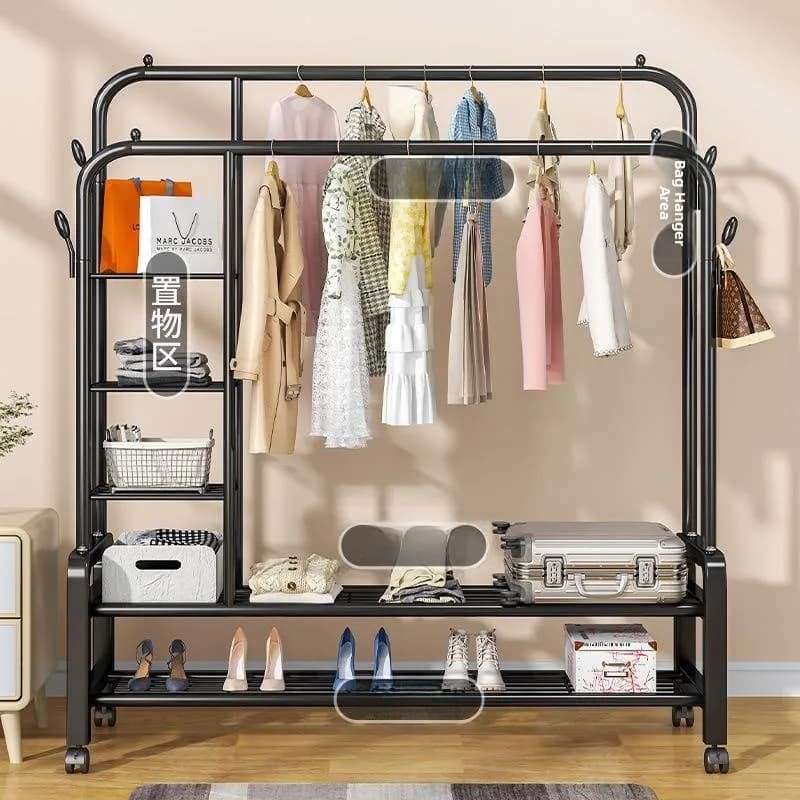 Simple floor hanger in stainless steel for interiors, balcony clothes racks, organizers, coat hangers, for dormitory, easy to assemble