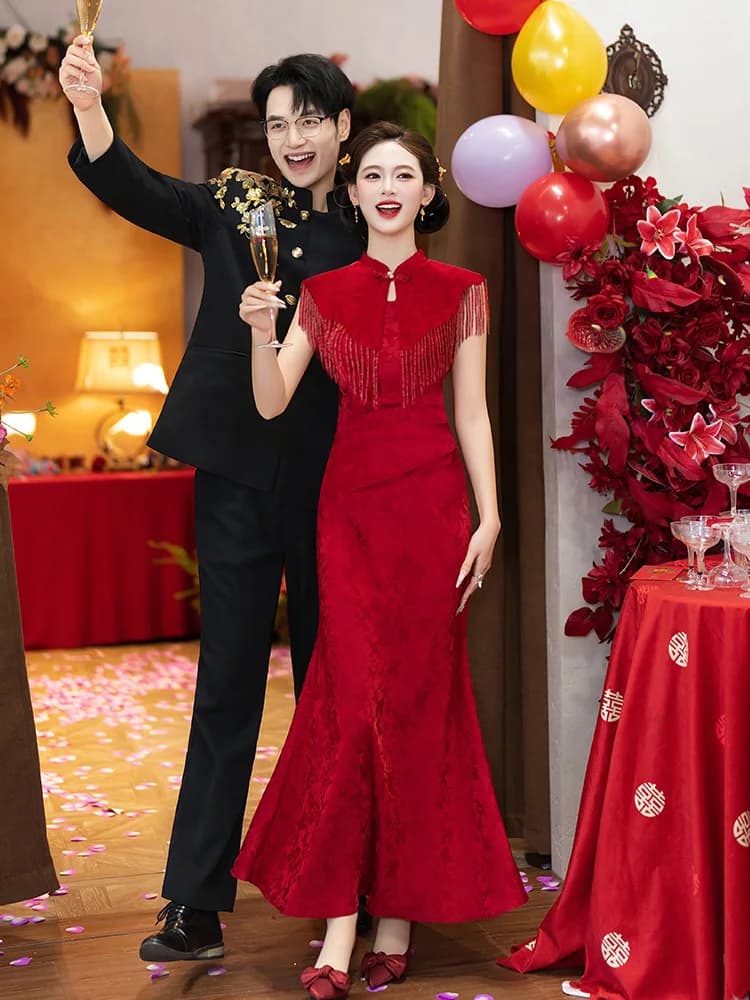 Elegant Red with Tassel Shawl Wedding Dress for Women Long Evening Gown Vintage Style Online Exclusive Polyester Blend