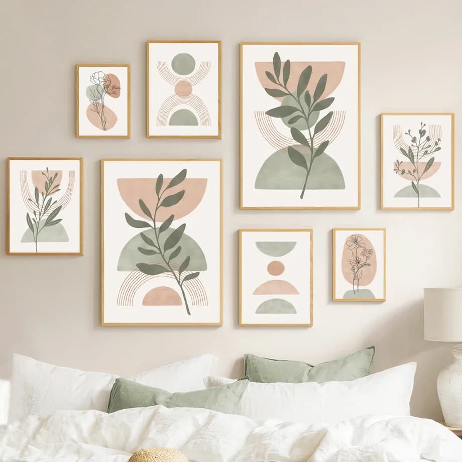 Boho Green Leaf Sun Rainbow Geometry Wall Art Diamond Painting Abstract Lines Posters And Prints Pictures For Living Room Deco