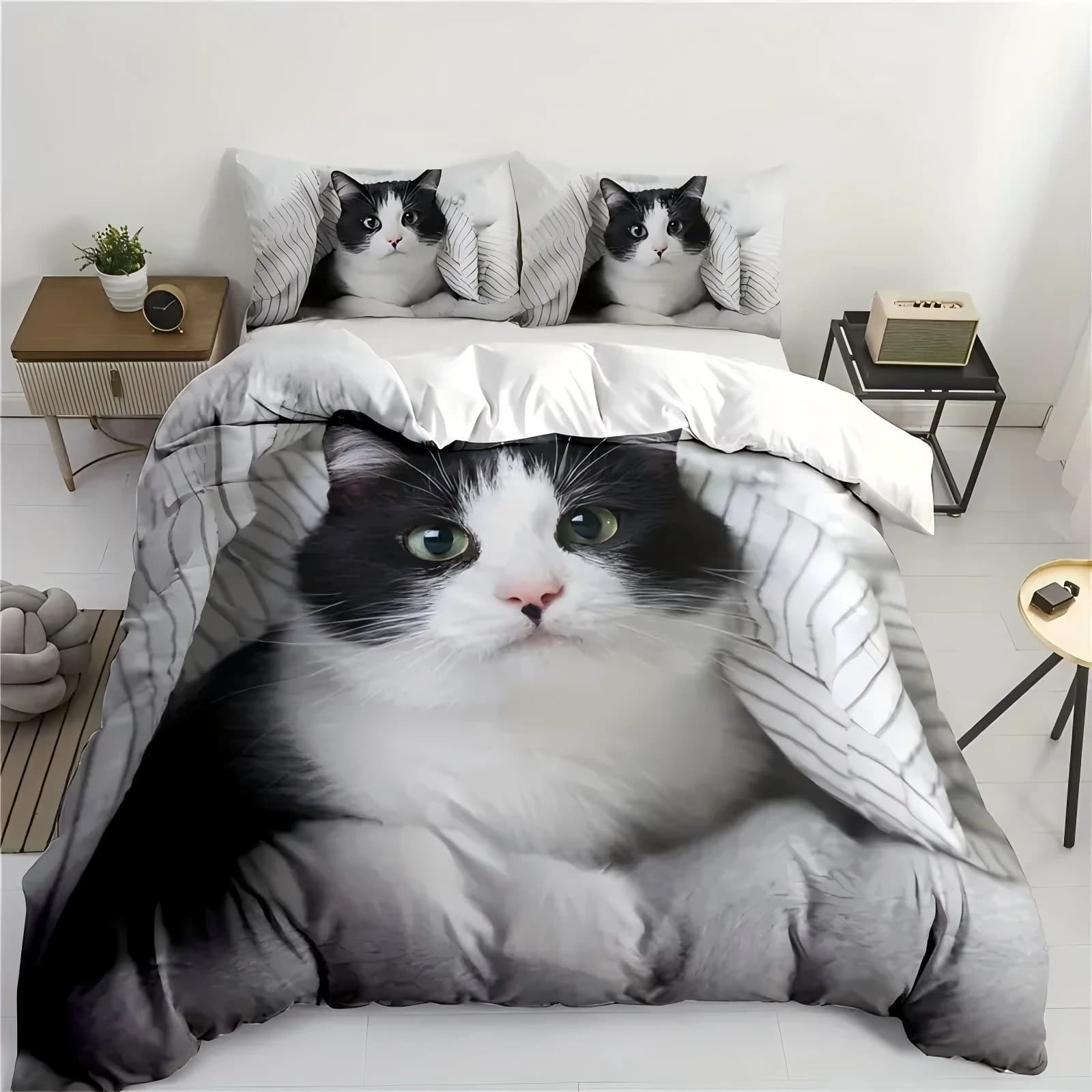 Set biancheria da letto con stampa gatto bianco nero per bambini, adolescenti, adulti, copripiumino stile animale carino, morbido e confortevole copripiumino in poliestere per la casa