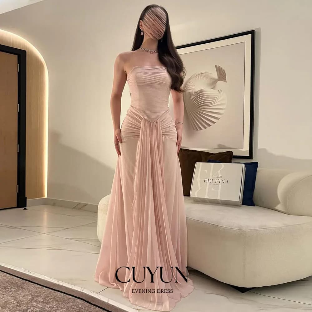 CUYUN Abito da sera maxi in chiffon rosa personalizzato con linea A, abito da ballo arabo saudita pieghettato senza spalline, abito da festa Dubai