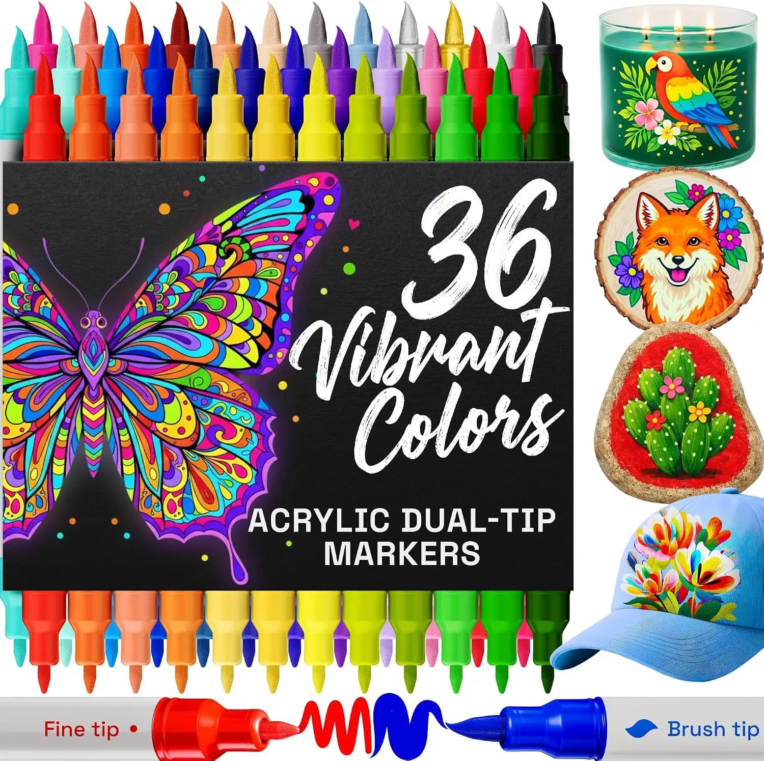 36 Acrylic Paint Markers - Dual Tips for Fabric, Rock, Glass, Wood, DIY Art Supplies