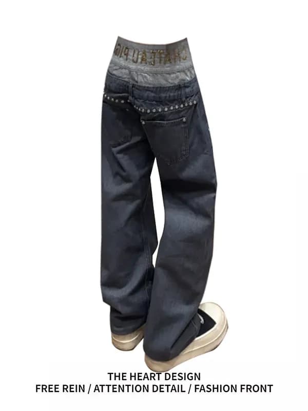 American Style Retro High Waist Rivet Jeans Women's Spring New Design Sense Splicing Slim Straight Leg Long Pants