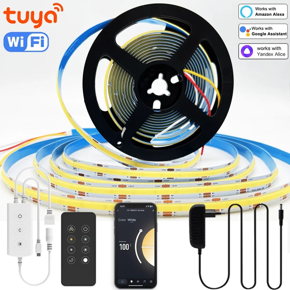 Striscia LED COB CCT WiFi Tuya Smart 1M-5M 24V Bicolore Dimmerabile 2700K-6500K per Decorazione Stanza Compatibile con Alexa e Google