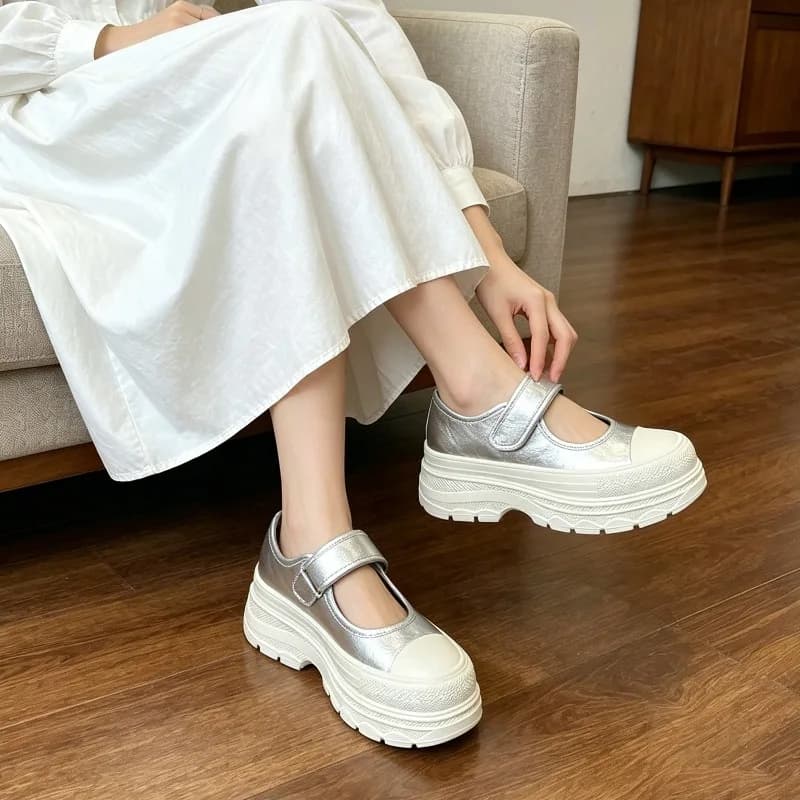 Women's Velcro Strap Mary Jane Shoes 2026New Denim/Silver/White Thick Sole Casual Platform Shoes for Daily Wear Zapatos Casuales