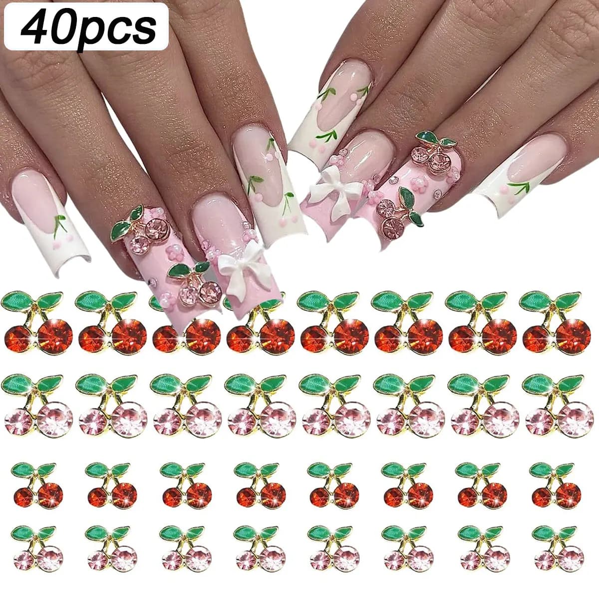 40pcs 3D Shiny Pink & Red Cherry Nail Diamond Gems Kawaii Gold Silver Fruit Cherry Nail Gems Luxury Cherry Nail Art Decoration