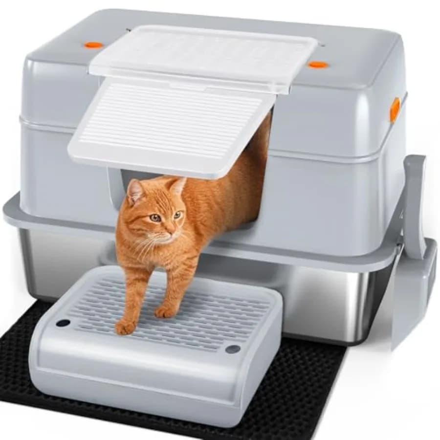 Lettiera per Gatti in Acciaio Inossidabile XL con Coperchio, Ingresso Laterale, Extra Large per Gatti Grandi e Gattini, Rimovibile e Chiusa in Metallo