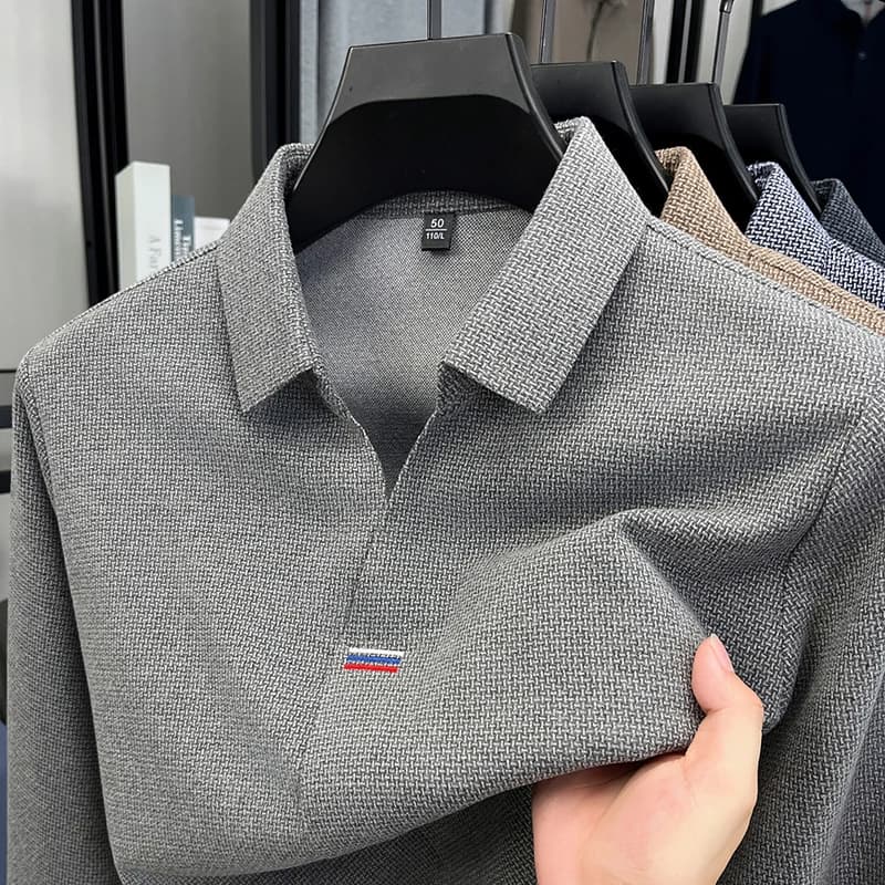 Long-sleeved men's polo with V-neck branded autumn fashion new golf casual shirt with striped embroidered design