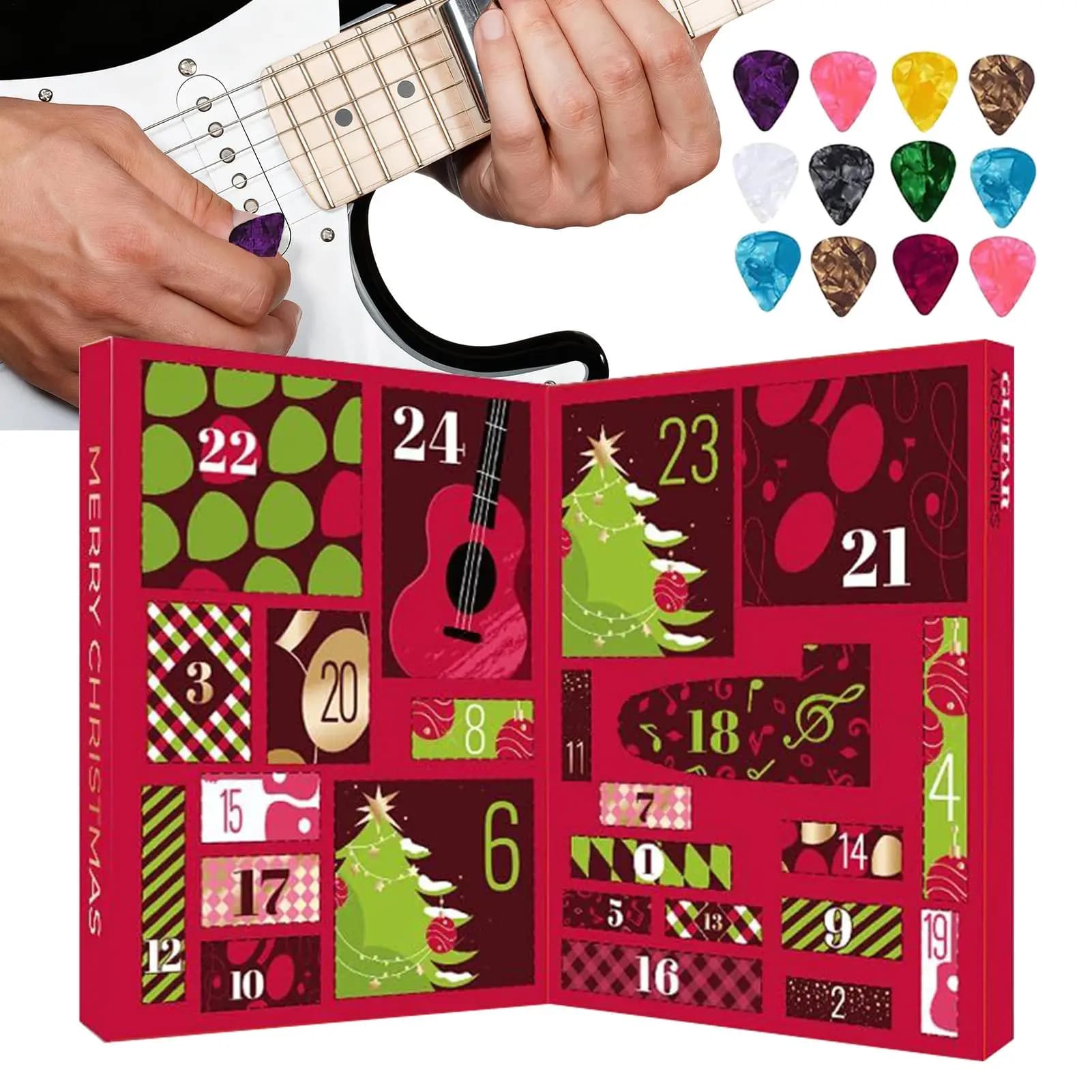 Calendario dell'Avvento per Chitarra per Adulti e Adolescenti, Calendario Conto alla Rovescia Natalizio di 24 Giorni con Plettri, Capotasto, Accordatore, Corde e Accessori