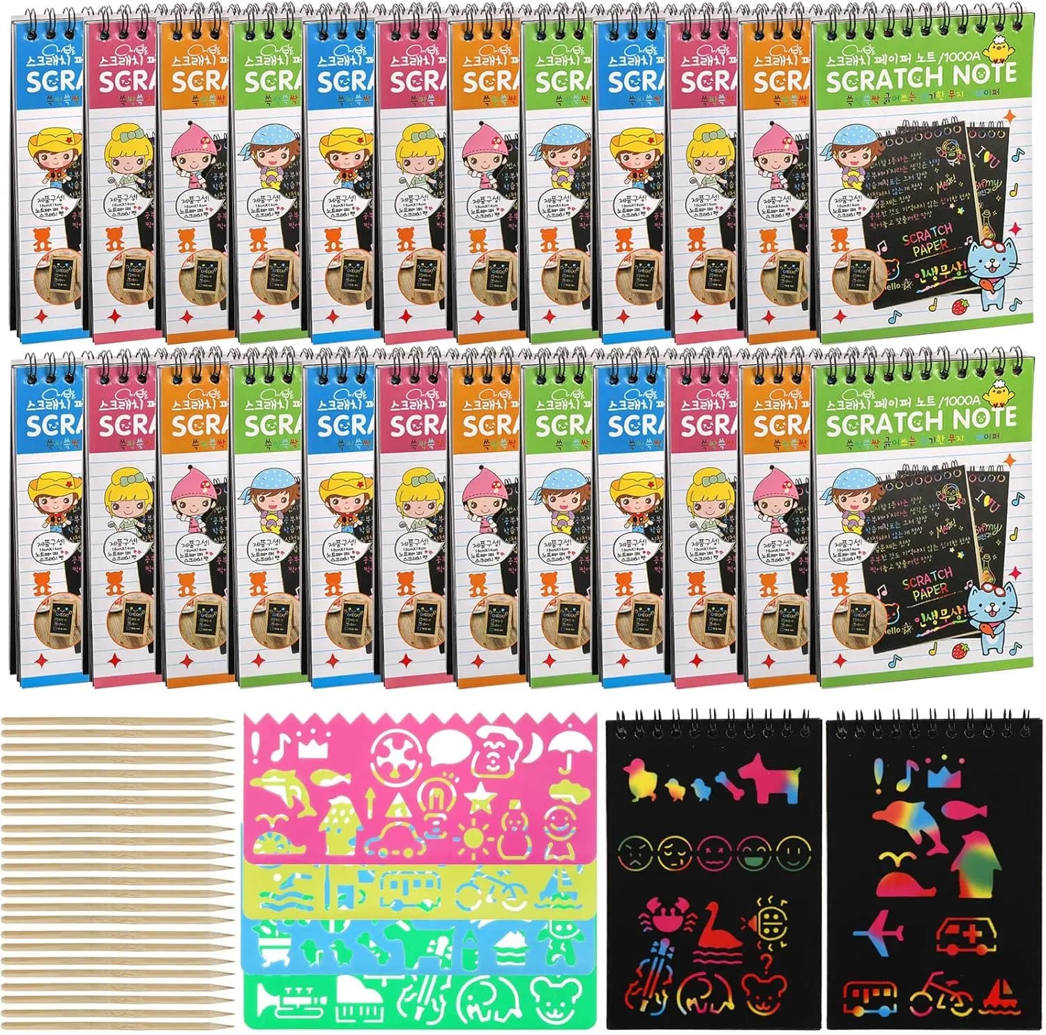 24 Pack Scratch Paper Art for Kids, Scratch Off Notebook with Wooden Stylus & Stencils for Drawing, Travel Activities, Birthday
