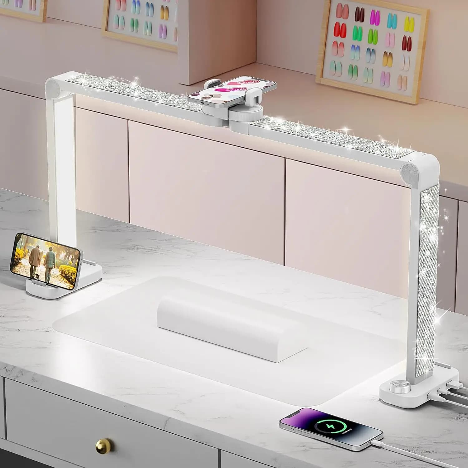 Lampada da tavolo a LED da 34 pollici per estetiste con supporto per telefono, temperatura colore 3000K-6000K, per unghie, tatuaggi, sopracciglia, bellezza e trucco.