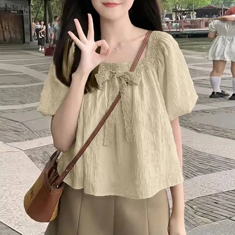 ZANZEA Camicia estiva con fiocchi, tunica alla moda per le vacanze, elegante da donna, con scollo quadrato, maniche corte, camicette da lavoro, bluse larghe plissettate