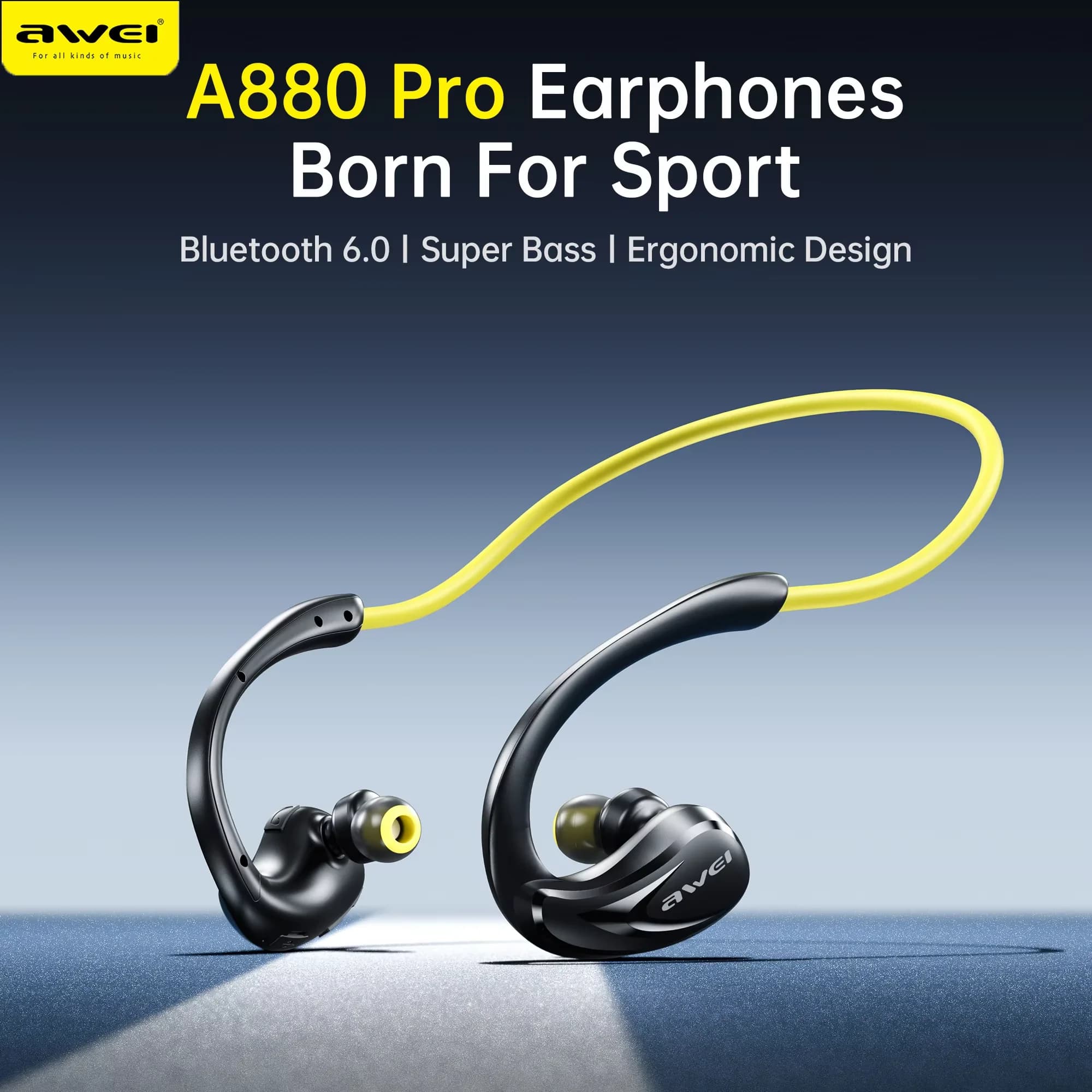 Awei A880pro Auricolare Bluetooth senza fili Auricolari da gioco Archetto da collo Auricolare aperto Cuffie sportive Gancio per l'orecchio per ciclismo Corsa con NFC