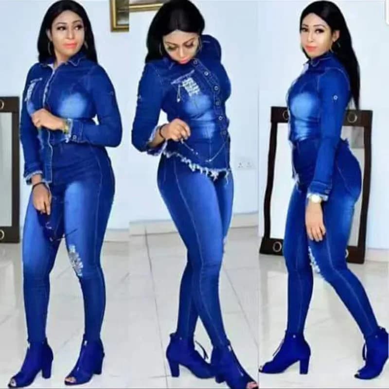 Casual Denim 2 pezzi Set Jeans Suit Donna Blu Manica lunga Jeans Giacca Pantaloni lunghi Slim Tuta Abiti 2024 Primavera Autunno