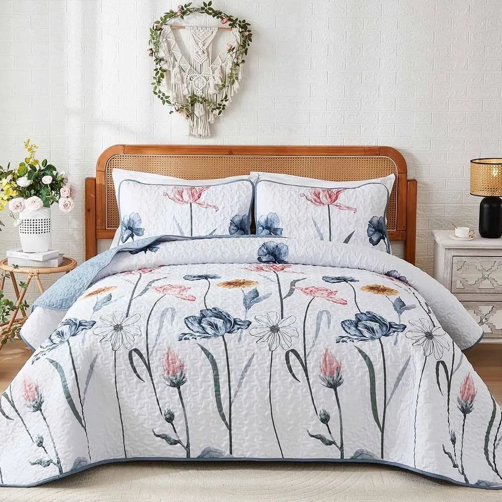 Set Copriletto Floreale Queen, 3 Pezzi Blu e Rosa, Copriletto Botanico, Trapunta Morbida e Leggera Stile Fattoria