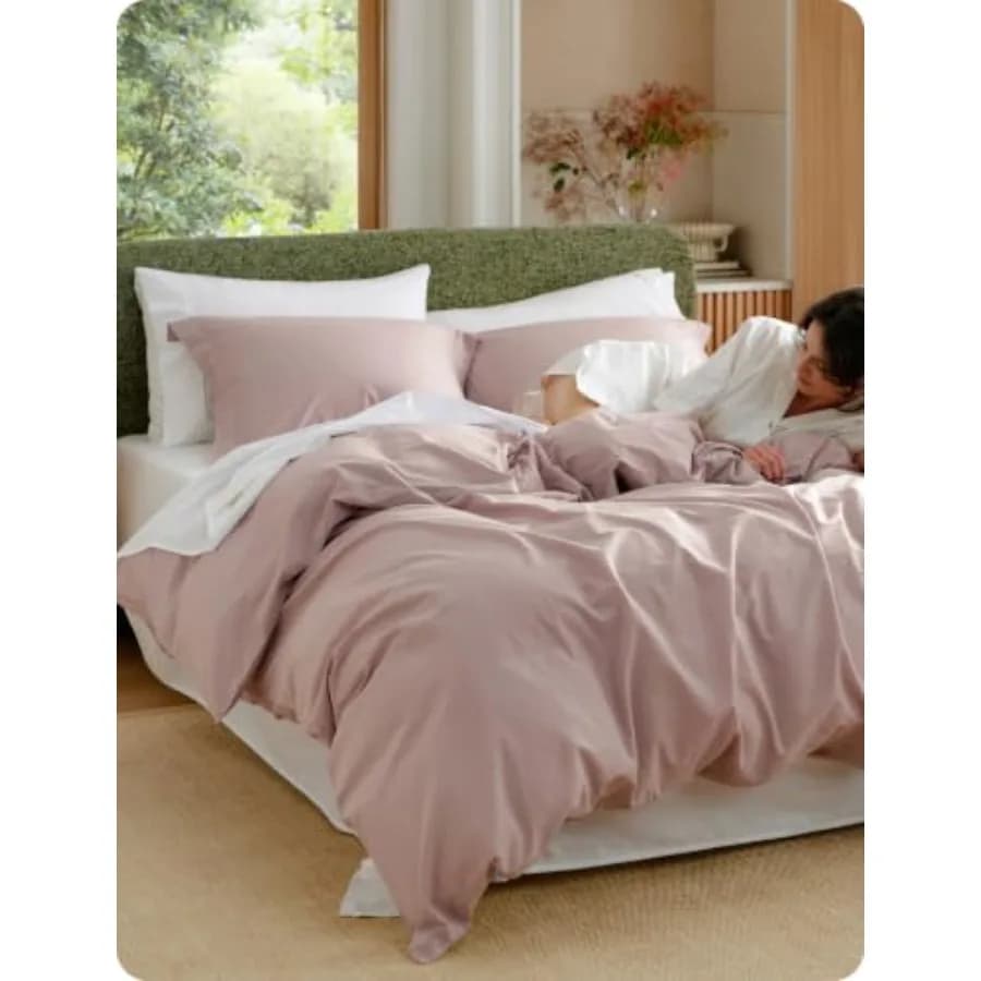 100% Washed Cotton Duvet Cover Queen Size - Petal Pink Minimalist Bedding Set Linen Like - PureWoven Plain Simple and Soft Comf
