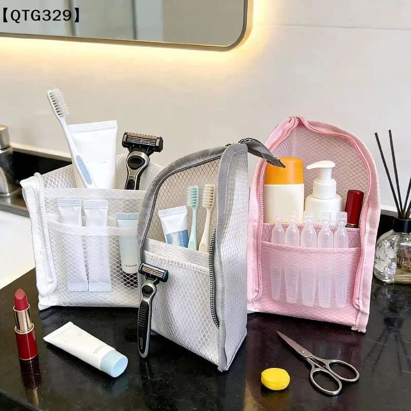 Large Capacity Cosmetic Waterproof Space Saving Travel Foldable Toothbrush Toiletry Pouch Zipper Closure Vertical Standing[T]