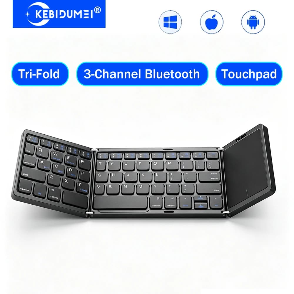 KEBIDUMEI Tri-fold Wireless Bluetooth Keyboard with Touchpad 3-Channel Multi-Device Portable Keyboard for iOS Android Windows