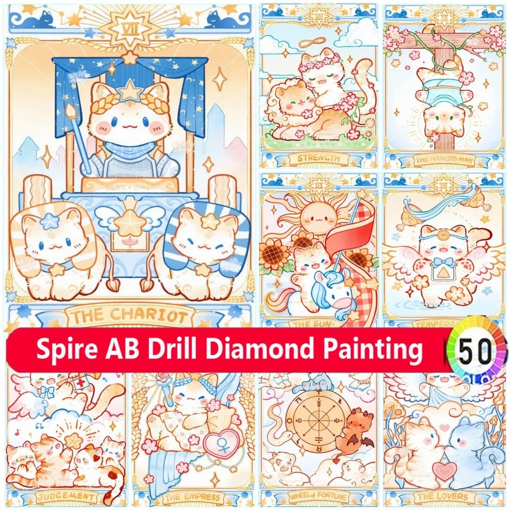 Kawaii Tarot Cat 5D Diy AB Diamond Art Painting 2024 Animal Embroidery Jewelry Cross Stitch Kits Mosaic Home Decor Gifts Cuadros