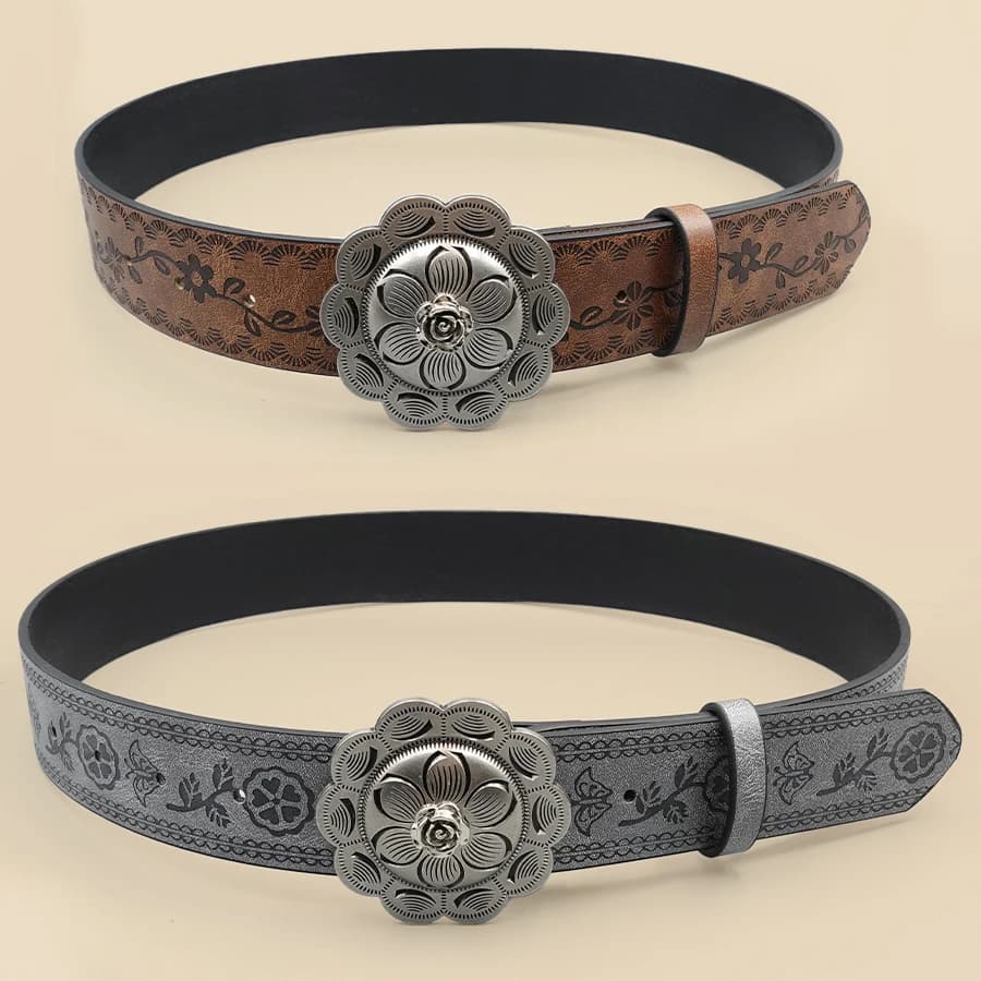 Elegant vintage bohémien women's belt: belt with perforated buckle embellished with flowers for everyday use, dates and casual style