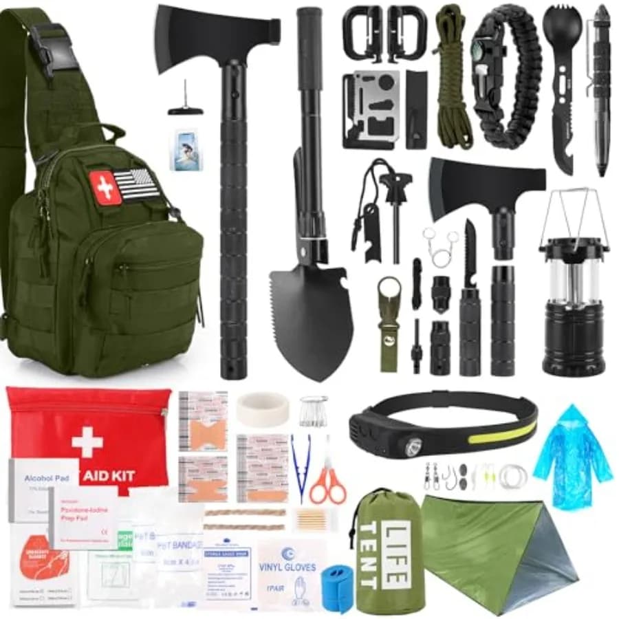 Kit di Sopravvivenza 268 Pezzi, Attrezzatura e Forniture per Emergenze con Kit di Pronto Soccorso, Ascia da Campeggio, Lampada Frontale, Borsa a Tracolla per C