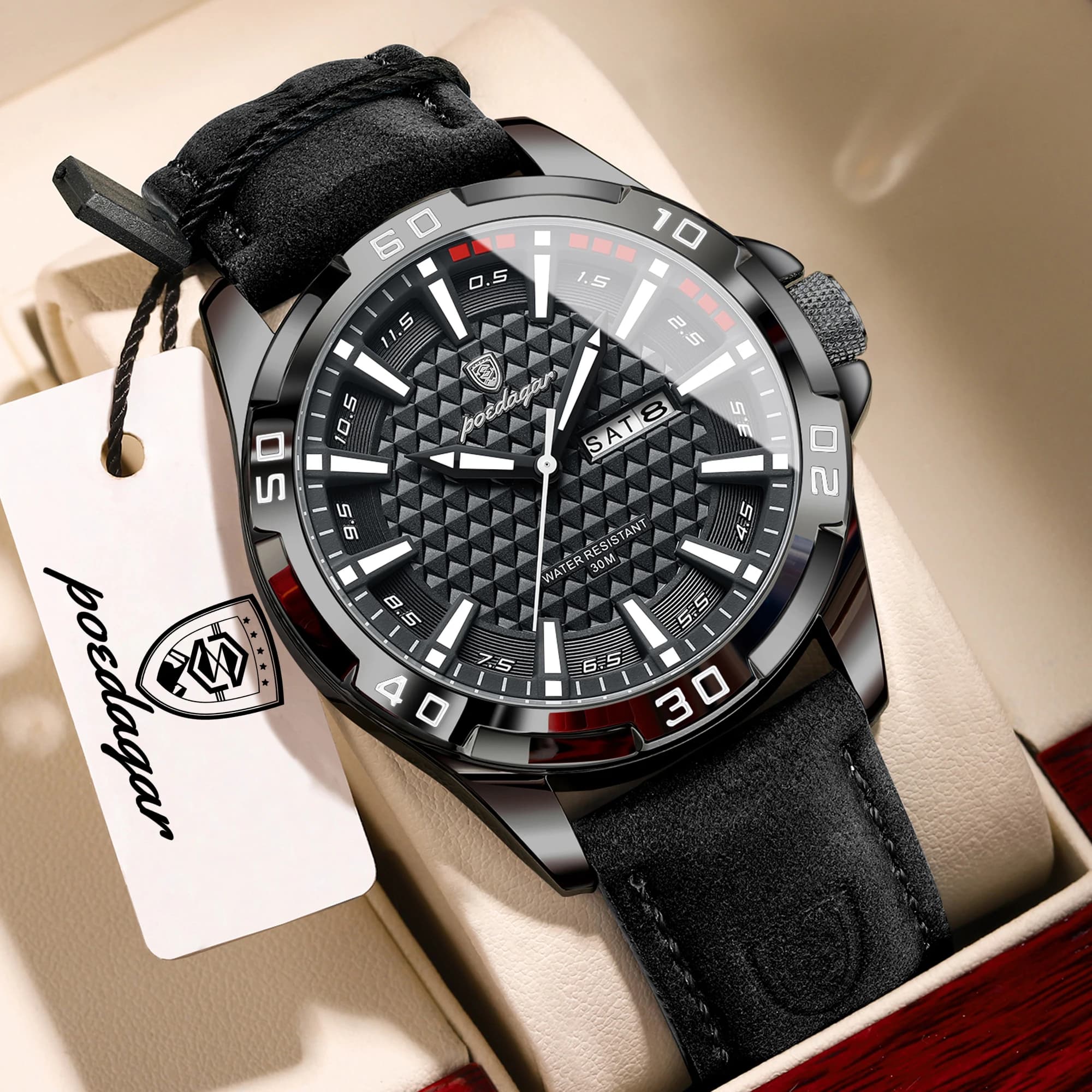 Orologio da uomo POEDAGAR originale, impermeabile, luminoso, alla moda, con data, giorno della settimana, cinturino in pelle, orologio al quarzo di lusso da uomo, Reloj Hombre