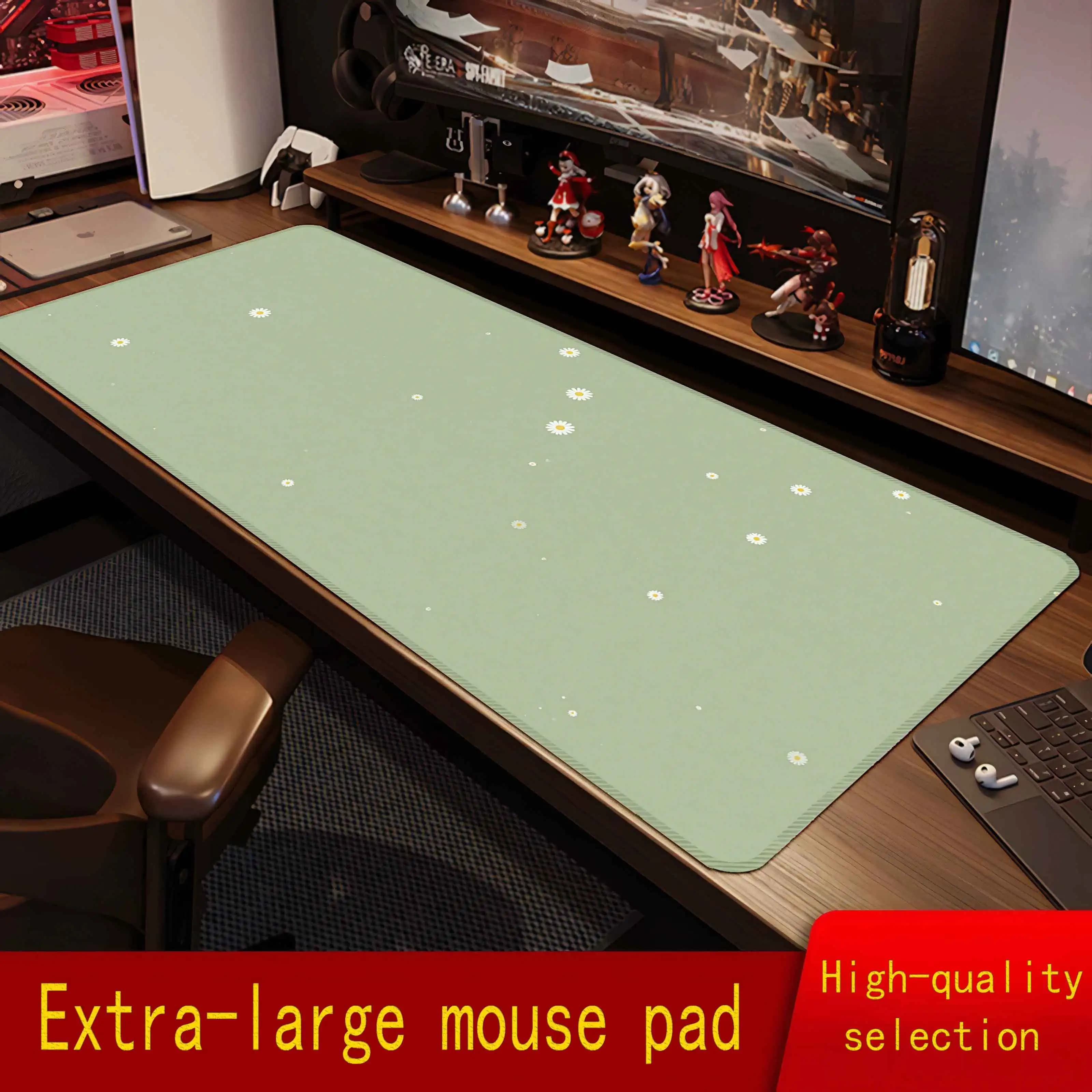 Oversized Green Daisy Mouse Pad Rubber Non-Slip Stitched Edge Desk Mat for Gaming Office Gift