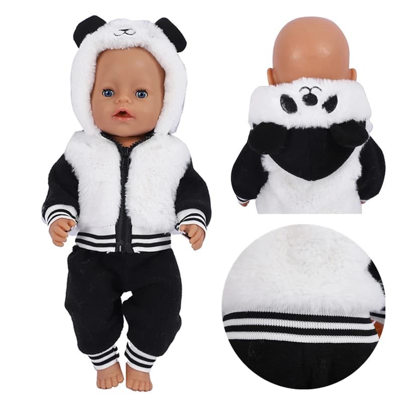 Vestito caldo 17 18 pollici bambola vestito Panda felpa con cappuccio + pantaloni 43 cm accessori per neonati bambole per ragazze regalo festival occhi per giocattoli
