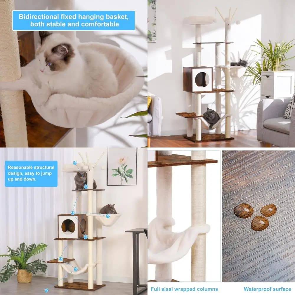 Moderno albero per gatti marrone rustico con altezza 66,1, tiragraffi, amache, giocattoli e condominio - MPJ120SR