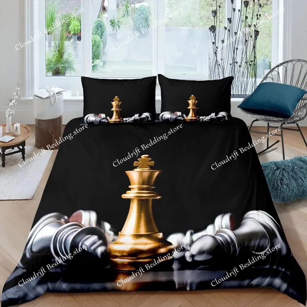 Set Copripiumino Scacchi Internazionali Misura Queen, Set Biancheria da Letto per Amanti degli Scacchi, per Ragazzi e Adulti, Copripiumino in Microfibra Nera