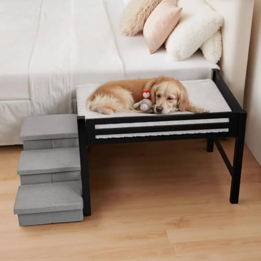 Cuccia rialzata in legno per cani 41''x27'' con scaletta a 3 gradini e sponda di protezione, letto pieghevole per animali domestici con materasso rimovibile, stile culla