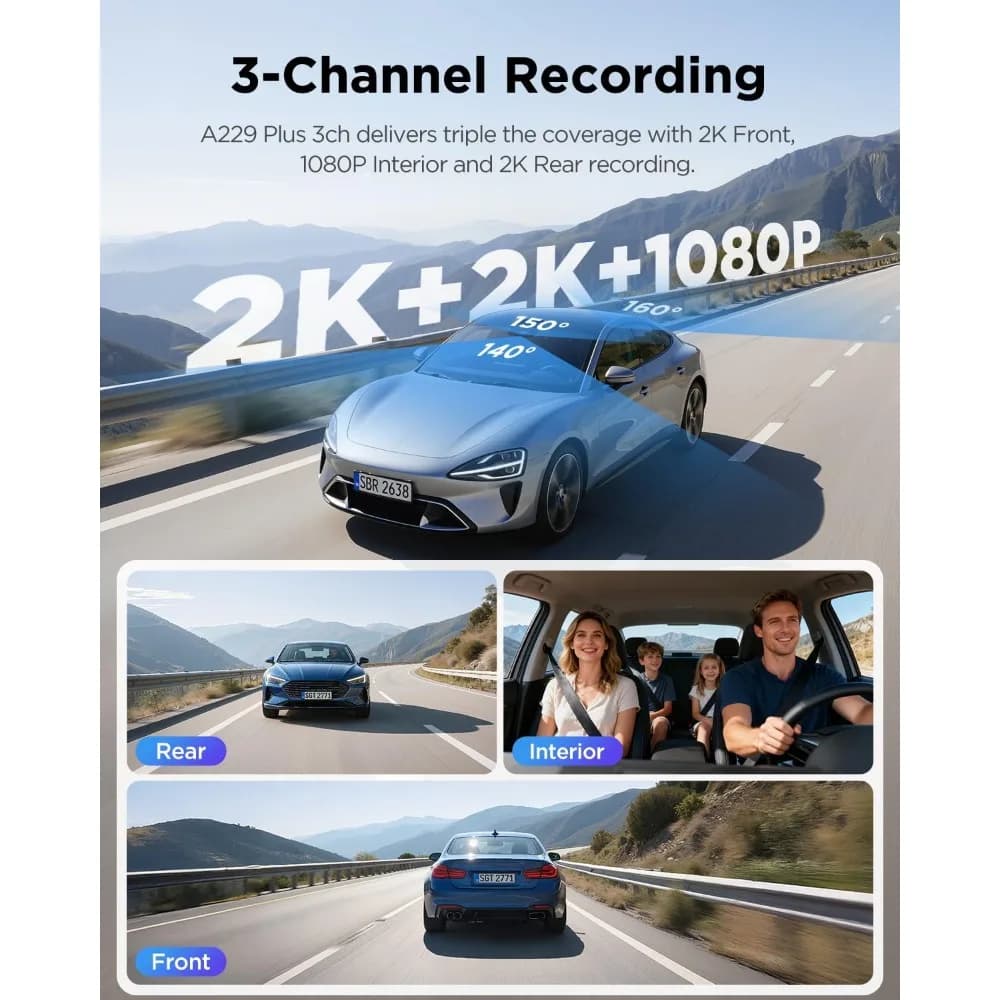 Dash Cam a 3 Canali con Telecamere Anteriore, Interna e Posteriore 1440P 1080P HDR, Sensori STARVIS 2, Wi-Fi 5GHz, Controllo Vocale e GPS