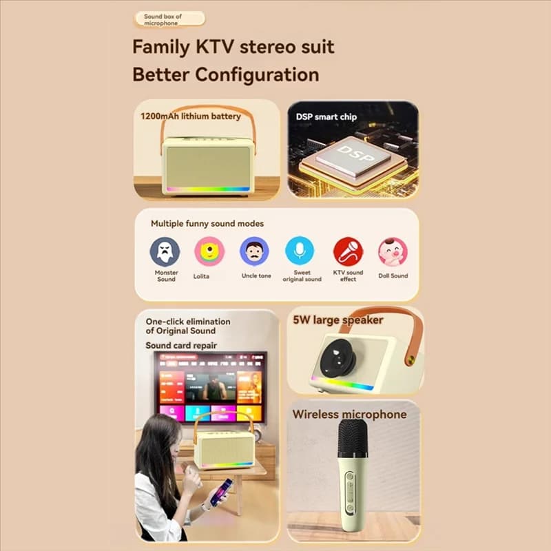 Macchina per karaoke ingegnosa per bambini Adulti Mini altoparlante portatile per karaoke Bluetooth con microfono wireless Luce a LED per banchetti
