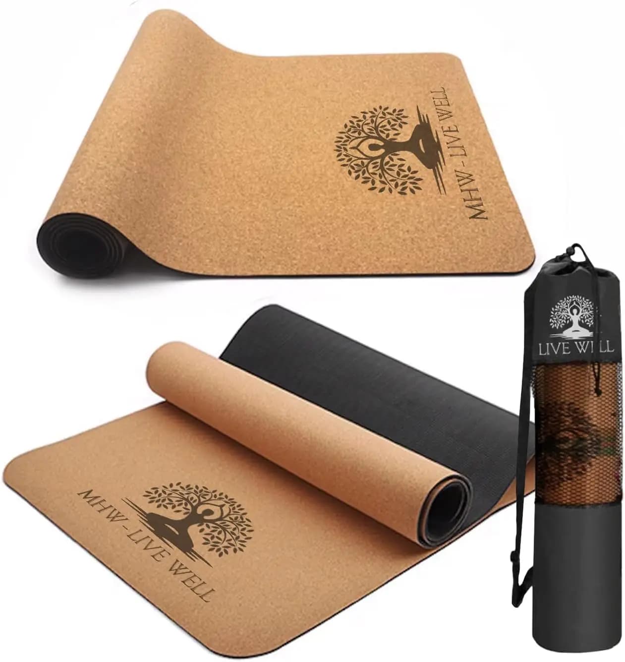 Extra Thick 6mm Anti-slip Yoga Mat, in cork and Ecological TPE, with Belt and Transport Bag, for Home and Gym Training - Large 72x24 Inches