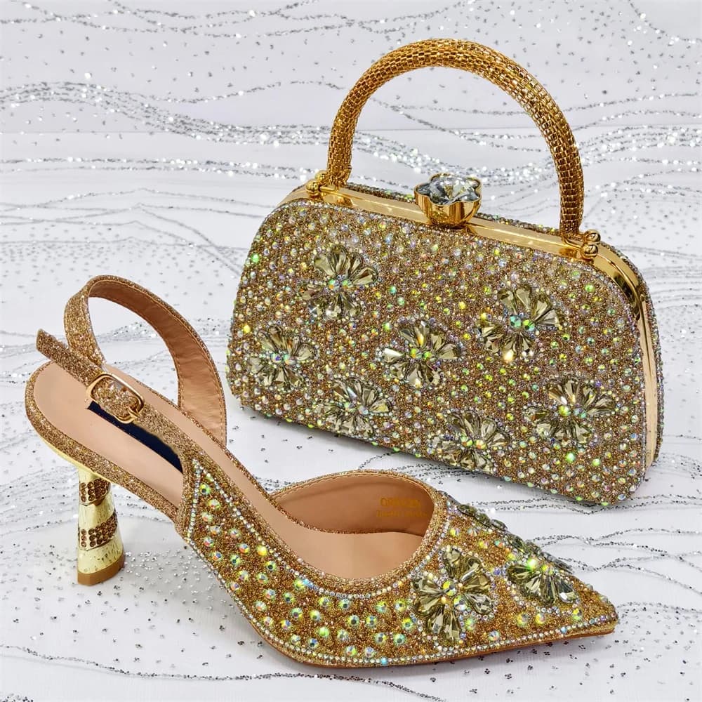 Set di scarpe e borse estive nigeriane con tacco alto, graziosi decorati con scarpe e borse da donna in cristallo per abito da sposa