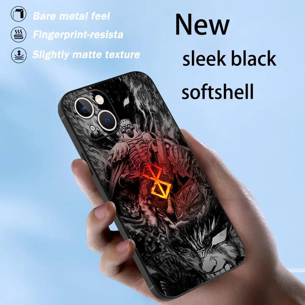 Japanese-style bloody anime Berserk Phone Case For iPhone 17 16 e 15 14 13 12 Plus Mini Pro Max Soft black Shockproof Cover
