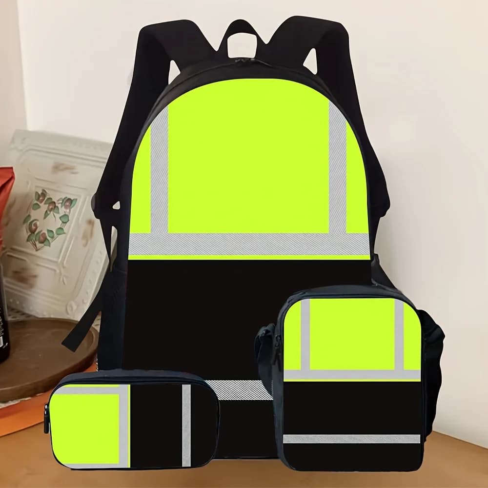 3pcs [2D Flat] Backpack Set Fluorescent Reflective Strip Design School Bag with Pencil Case & Small Bag, Casual Daypack for Dail