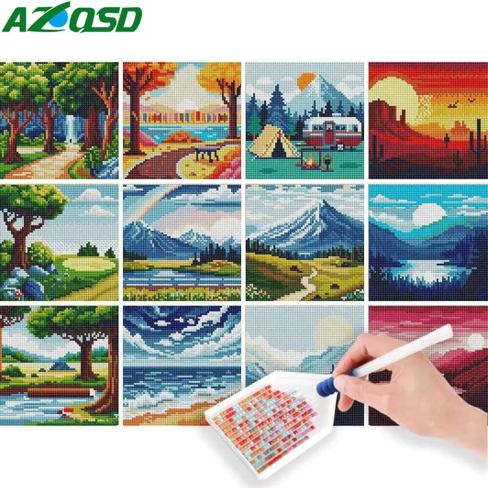 AZQSD 12pcs Diamond Painting Sunset Landscape Square Diamond Mosaic Seaside Mini Handmade Holiday Gift