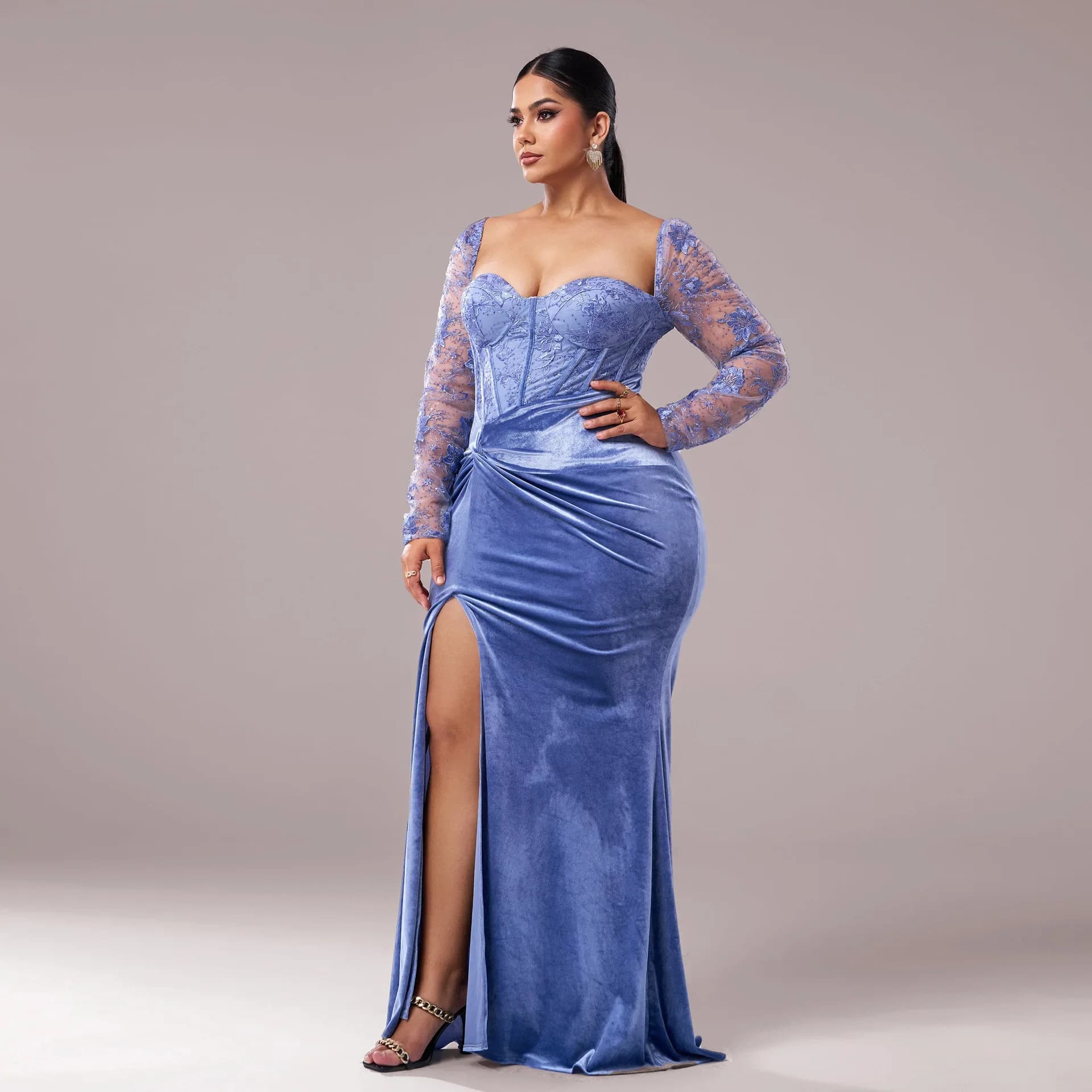 Luxury Vintage Velvet Gown Sexy Mesh Lace Sleeve Split Maxi Dress Formal Evening Prom Cocktail Party Birthday Club Outfits