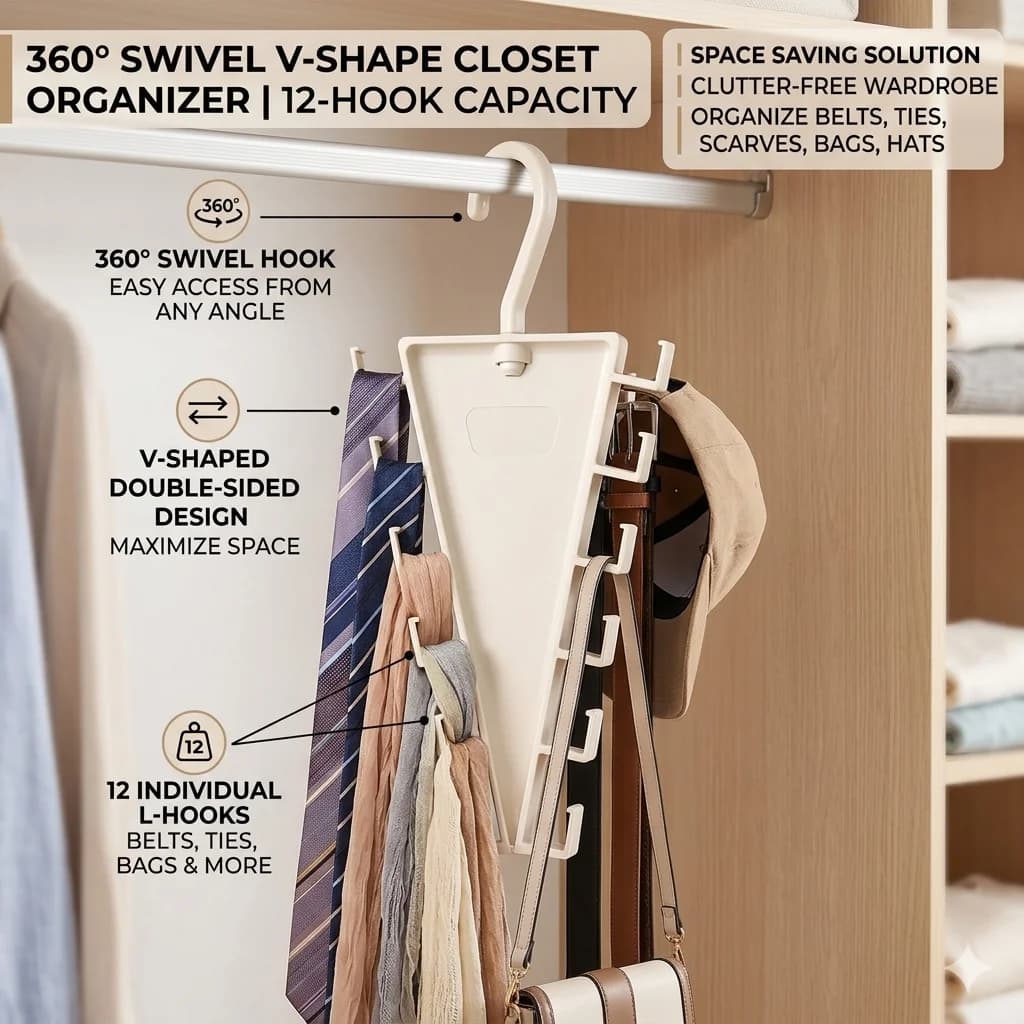 Organizzatore per Armadio Girevole a 360° con 12 Ganci a V, Appendiabiti Salvaspazio per Cravatte, Sciarpe, Borse e Cappelli
