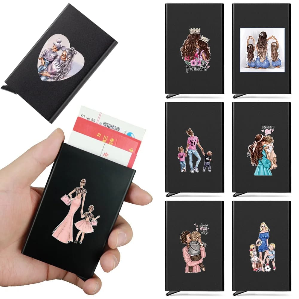 Portafoglio Porta Carte di Credito e Banconote da Uomo con Protezione RFID, Apertura Automatica a Scomparsa, Sottile, Mini, con Motivo Mamma