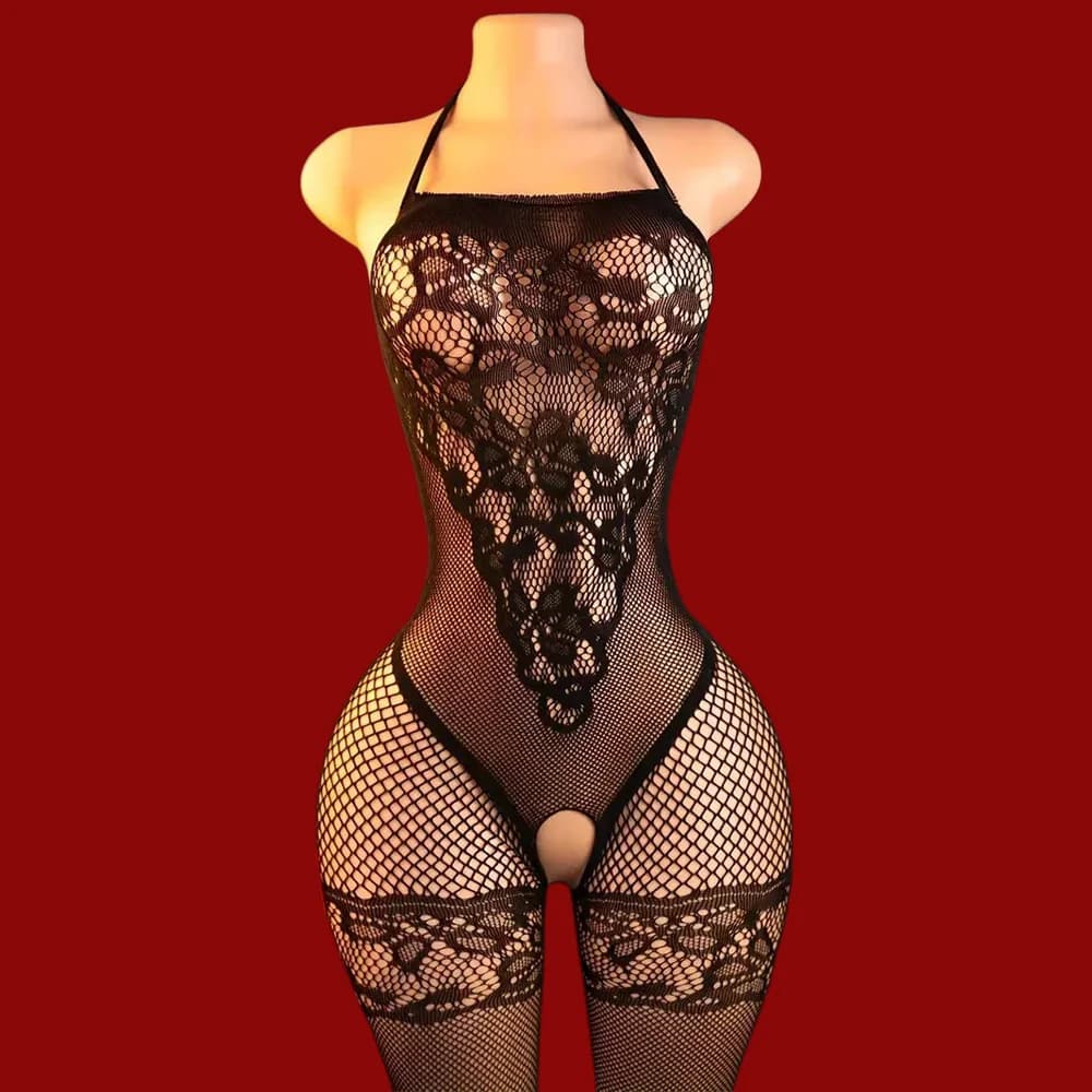 Bodystocking Sexy per Adulti con Apertura all'Inguine, Lingerie Erotica a Rete per Donne, Body Nero Senza Cuciture, Costume Intimo VB11